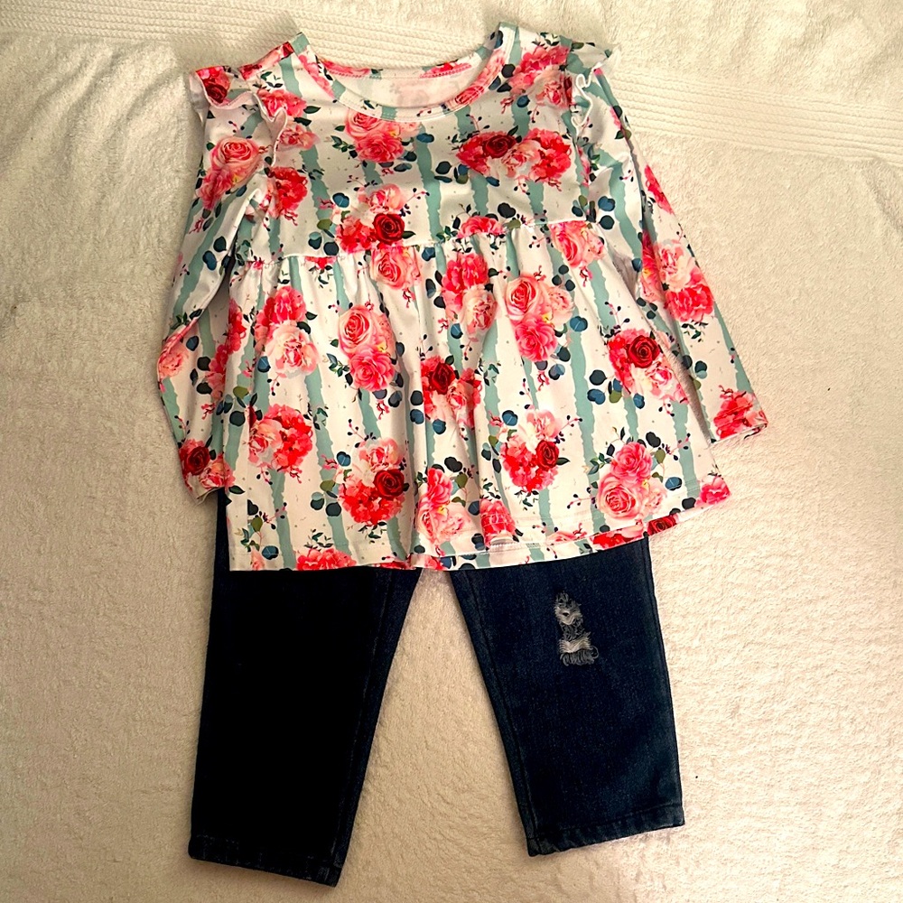 Floral Long Sleeve Top and Dark Jeans Set- 2T